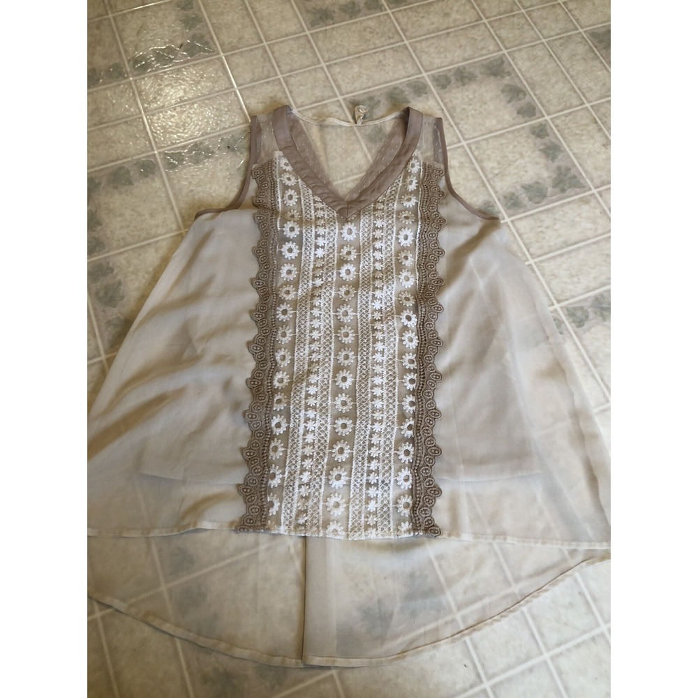Anthropologie Ryu Lace Netting Overlay Tank Cream Pleated back Sz Small